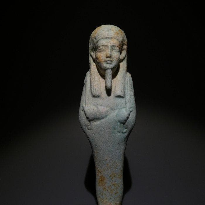 Oud-Egyptisch Faience Shabti. 11 cm hoog. 30e Dynastie,, Verzamelen, Mineralen en Fossielen