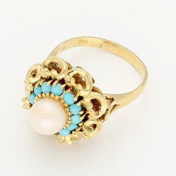 Ring - 18 karaat Geel goud Parel - Turquoise, Nieuw