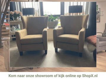 Set van 2 leren oorfauteuils met houten poten - bruin leer, Huis en Inrichting, Ophalen of Verzenden, Nieuw