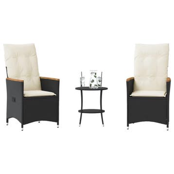 vidaXL 3-delige Bistroset met kussens poly rattan zwart, Tuin en Terras, Verzenden, Nieuw