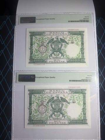 Spanje. - 2 x 1000 Pesetas - 1957 (ND 1958) - Consecutive -, Postzegels en Munten