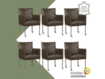 Set van 6 Leren eetkamerstoelen Desire - Granada Ash, Ophalen of Verzenden, Nieuw, Leer, Eén