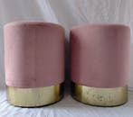 Pouf (2) - 2 Poufs Vintage - Bois - Velours - Métal doré, Maison & Meubles