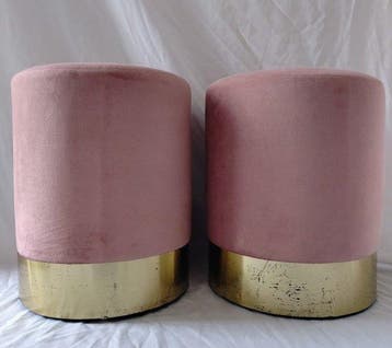 Pouf (2) - 2 Poufs Vintage - Bois - Velours - Métal doré, Nieuw