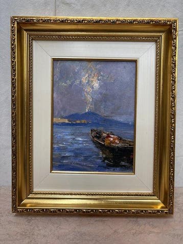 Vincenzo Colucci (1898-1968) - Barca al tramonto con Vesuvio