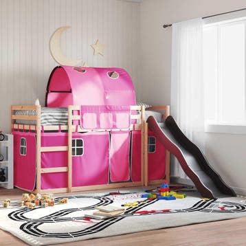 vidaXL Stapelbed met glijbaan en gordijnen roze 80x200 cm, Verzenden