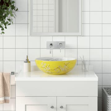 vidaXL Opzetwasbak rond 41x14 cm keramiek wit en geel, Doe-het-zelf en Bouw, Sanitair, Verzenden, Nieuw