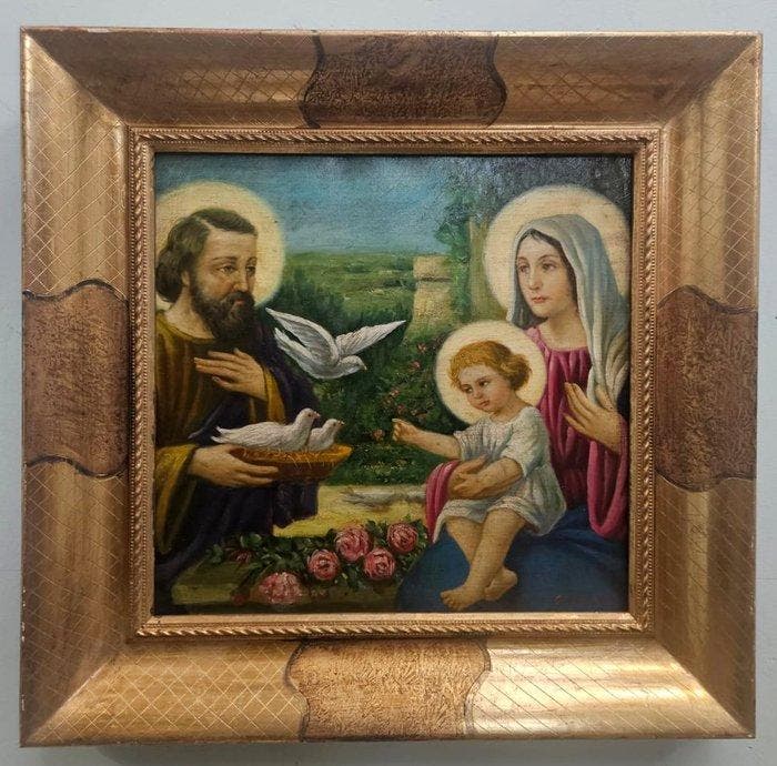 Europese school (XX) - Sacra famiglia con la colomba, Antiek en Kunst, Kunst | Schilderijen | Klassiek