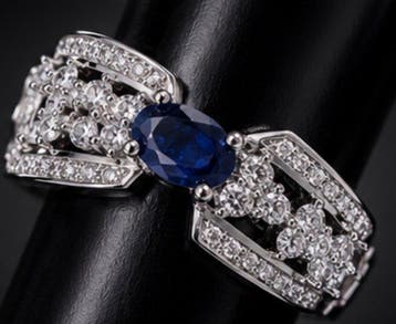 925 sterlingzilver Blauwe saffier Art Deco Kristallen Ring