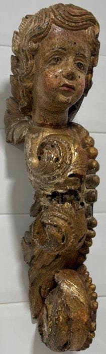 sculptuur, Querubín de retablo religioso - 55 cm - Verguld, Antiek en Kunst