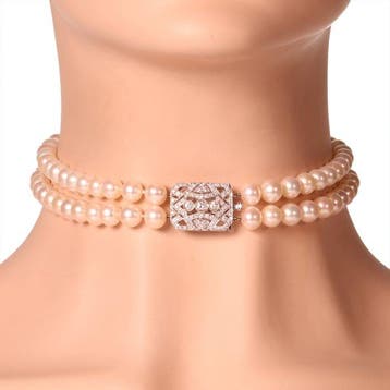 Halsketting - 18 karaat Witgoud Parel - Diamant - Vintage, Nieuw
