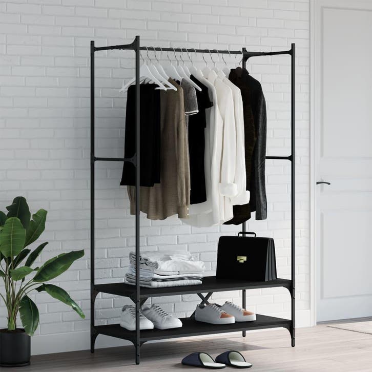 vidaXL Kledingrek met schappen bewerkt hout zwart, Maison & Meubles, Armoires | Penderies & Garde-robes, Envoi