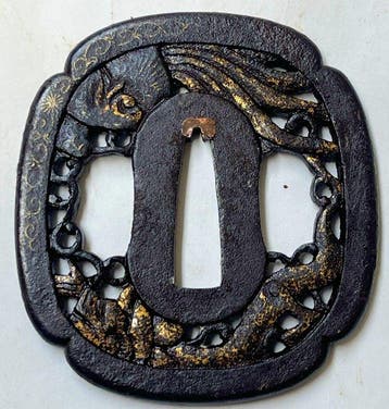 Gouden inleg feniks draak strijdmotief sukashi tsuba - Japan