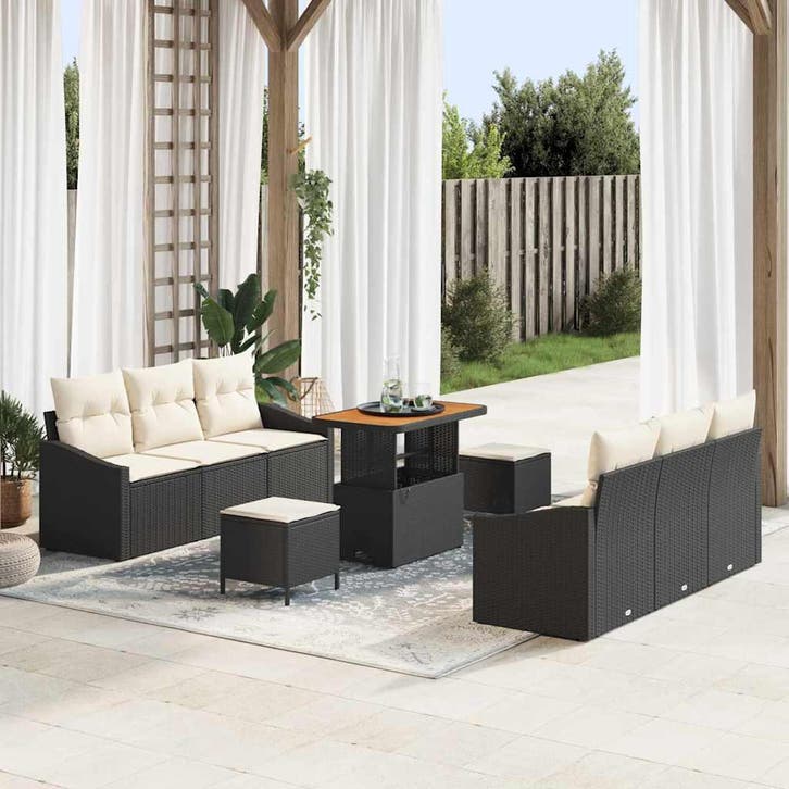 vidaXL Tuinbank Set met kussen 9 pcs Zwart poly rattan, Tuin en Terras, Tuinsets en Loungesets, Nieuw, Verzenden