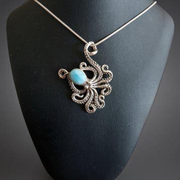 Octopus en Larimar en massief zilver van uitstekende