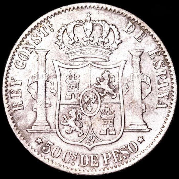 Spanje. Alfonso XII. 50 centavos de peso Manila, para, Timbres & Monnaies, Monnaies | Europe | Monnaies non-euro