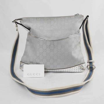 Gucci - GG Monogram Canvas Shoulder Bag Silver with Web, Nieuw