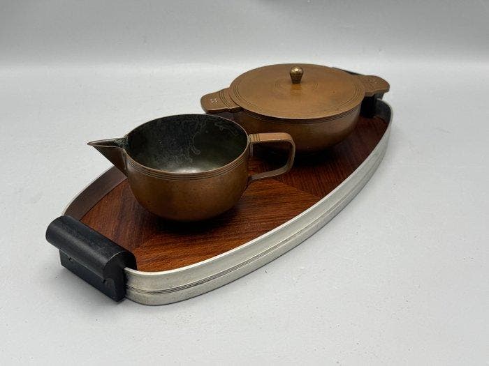 Dienblad - Koper, Hout - melk- en suikerstel, Antiek en Kunst, Curiosa en Brocante