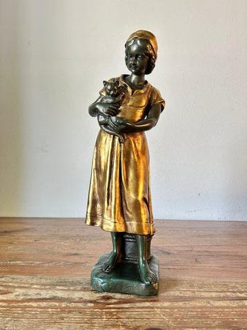 Gebroeders Paridor - Sculpture, Meisje met kat - 43 cm -