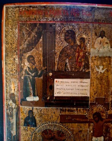 Icoon - Moeder Gods, Kruisiging van Christus - Hout