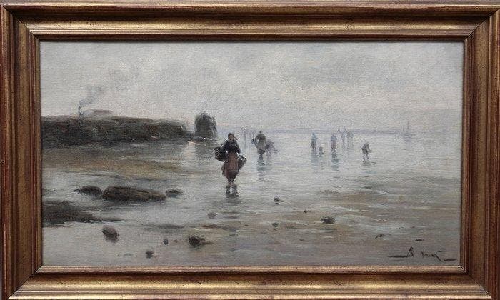 Joaquim Mir Trinxet (1873-1940) - Marina con mariscadores, Antiek en Kunst, Kunst | Schilderijen | Klassiek