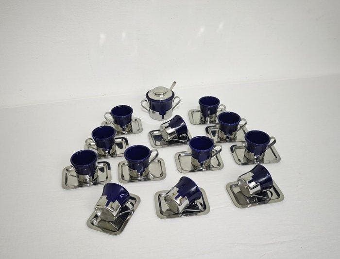 Koffieservies (26) - Keramiek, Staal - Emaille donkerblauw, Antiek en Kunst, Antiek | Meubels | Tafels