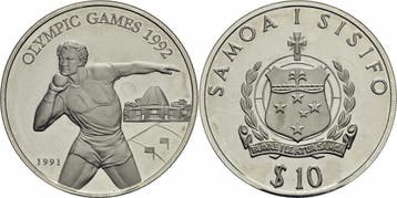 Samoa 10 $ Tala 1991 zilver Oz Unze Olympia 1992 Kugelsto..., Verzenden