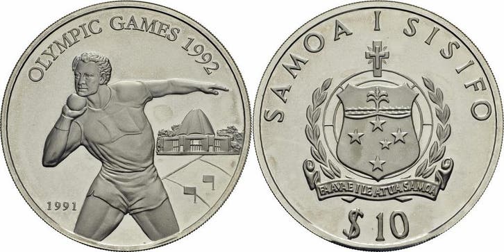 Samoa 10 $ Tala 1991 zilver Oz Unze Olympia 1992 Kugelsto..., Postzegels en Munten, Munten en Bankbiljetten | Toebehoren, Verzenden