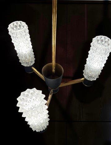 Plafondlamp - Messing, metaal, gegoten- en geperst glas -