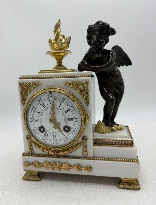 Klok Louis XVI - Gepatineerd brons, Brons, Carrara marmer -, Antiquités & Art, Antiquités | Horloges