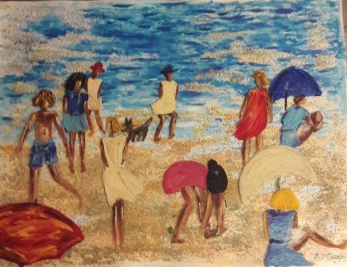 Christiane Guerry - SCENE DE PLAGE, Antiquités & Art, Art | Peinture | Moderne