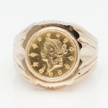 Bague - 14 carats Or jaune - Pièce dun dollar à la tête de