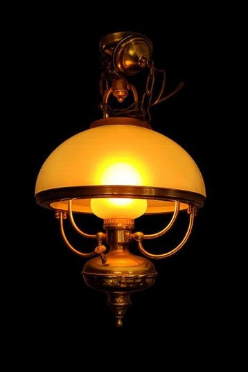 Lustre - Opaline, Laiton doré - Lampe vintage