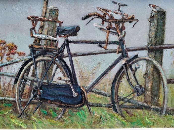 Mijnsbergen - Fiets bij hek, Antiek en Kunst, Kunst | Schilderijen | Modern