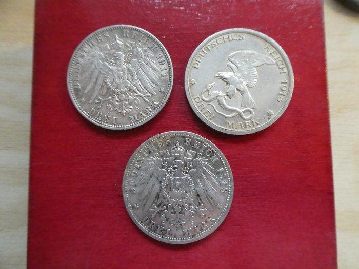 Duitsland, keizerrijk 3 Mark 3x 1911/1913 / Saxony & Prussia, Postzegels en Munten, Munten | Europa | Niet-Euromunten