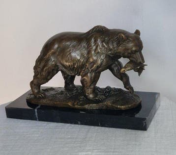 Milo (1910-1978) - Beeld, Bronzen beer met vis - 13 cm -, Antiek en Kunst