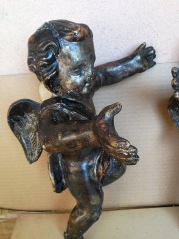 sculptuur, Coppia di putti - 36 cm - Hout, Antiek en Kunst