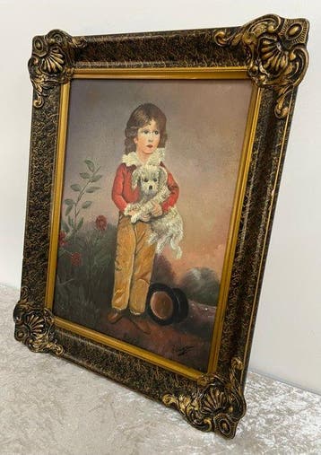 Wanddecoratie - Portret in Barokke Lijst - Jongen met Hond -