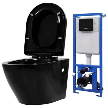 vidaXL Hangend toilet met verborgen stortbak keramiek zwart, Verzenden