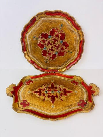 Dienblad (2) - Set Italiaanse Florentijnse handbeschilderde, Antiek en Kunst