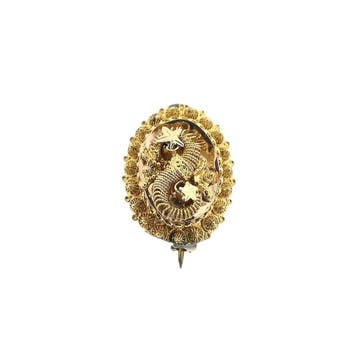 Antiek gouden broche van een mutsenbel, Ophalen of Verzenden, Gebruikt, Goud, Goud