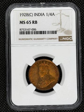 Brits India. George V. 1/4 Anna 1928 NGC MS65RB (Zonder