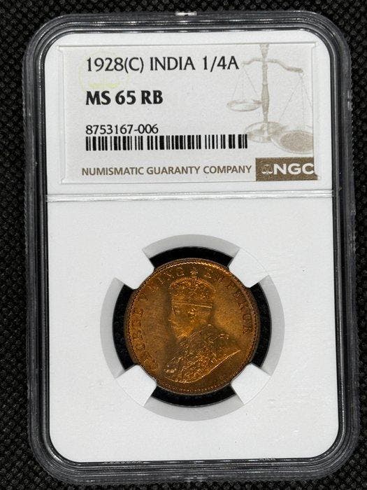 Brits India. George V. 1/4 Anna 1928 NGC MS65RB (Zonder, Timbres & Monnaies, Monnaies | Europe | Monnaies non-euro