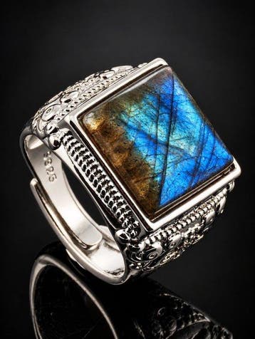 Blauwe Labradoriet Ring - 925 Sterling Zilver - Verstelbaar