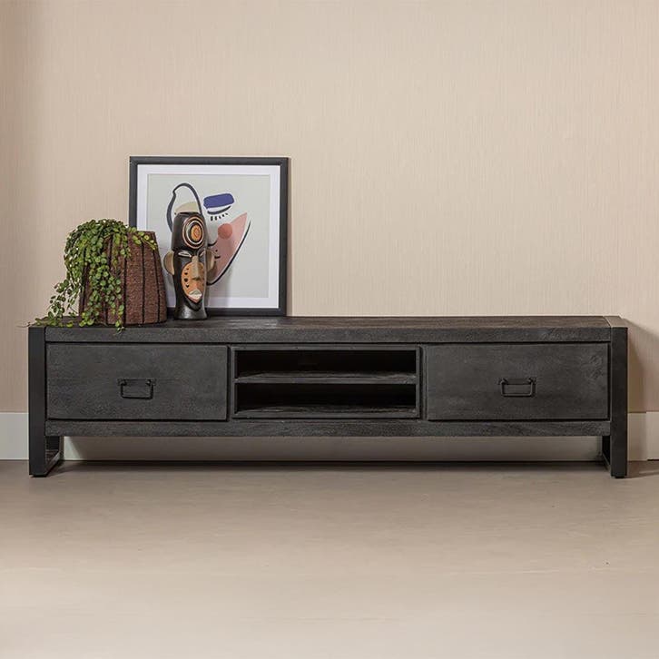 Tv-meubel Mangohout Kelvin 180 Zwart, Huis en Inrichting, Kasten |Televisiemeubels, Nieuw, Overige houtsoorten, Verzenden