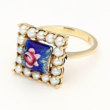 Ring - 14 karaat Geel goud - Parel - Emaille - Roos, Nieuw