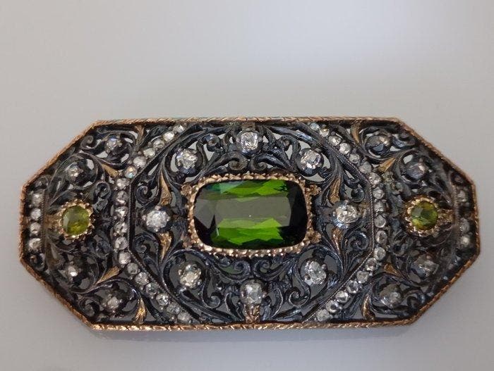 Broche - 14 karaat Zilver, Geel goud Toermalijn - Diamant, Handtassen en Accessoires, Antieke sieraden