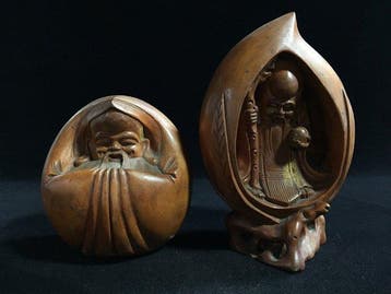 Set of 2 Antique Japanese Hand-Carved Wooden Shichifukujin