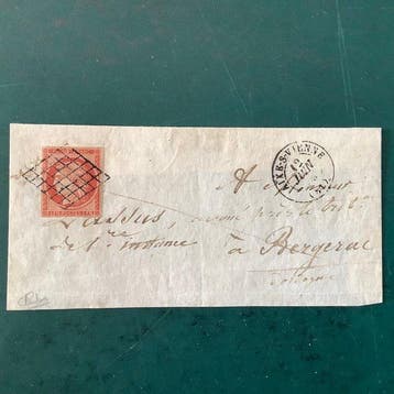 Frankrijk 1849 - 1 Fr Ceres Vermiljoen Vif op briefvoorzijde