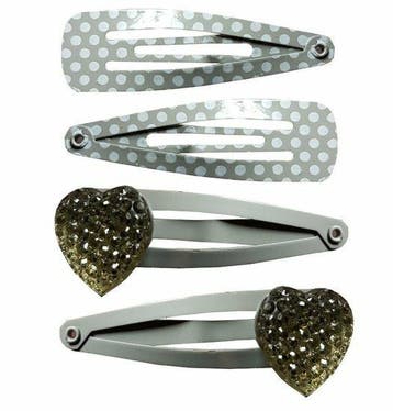 Haarspeld Klikklak 4cm – Hart Glitter Stippen – Grijs – Set, Nieuw